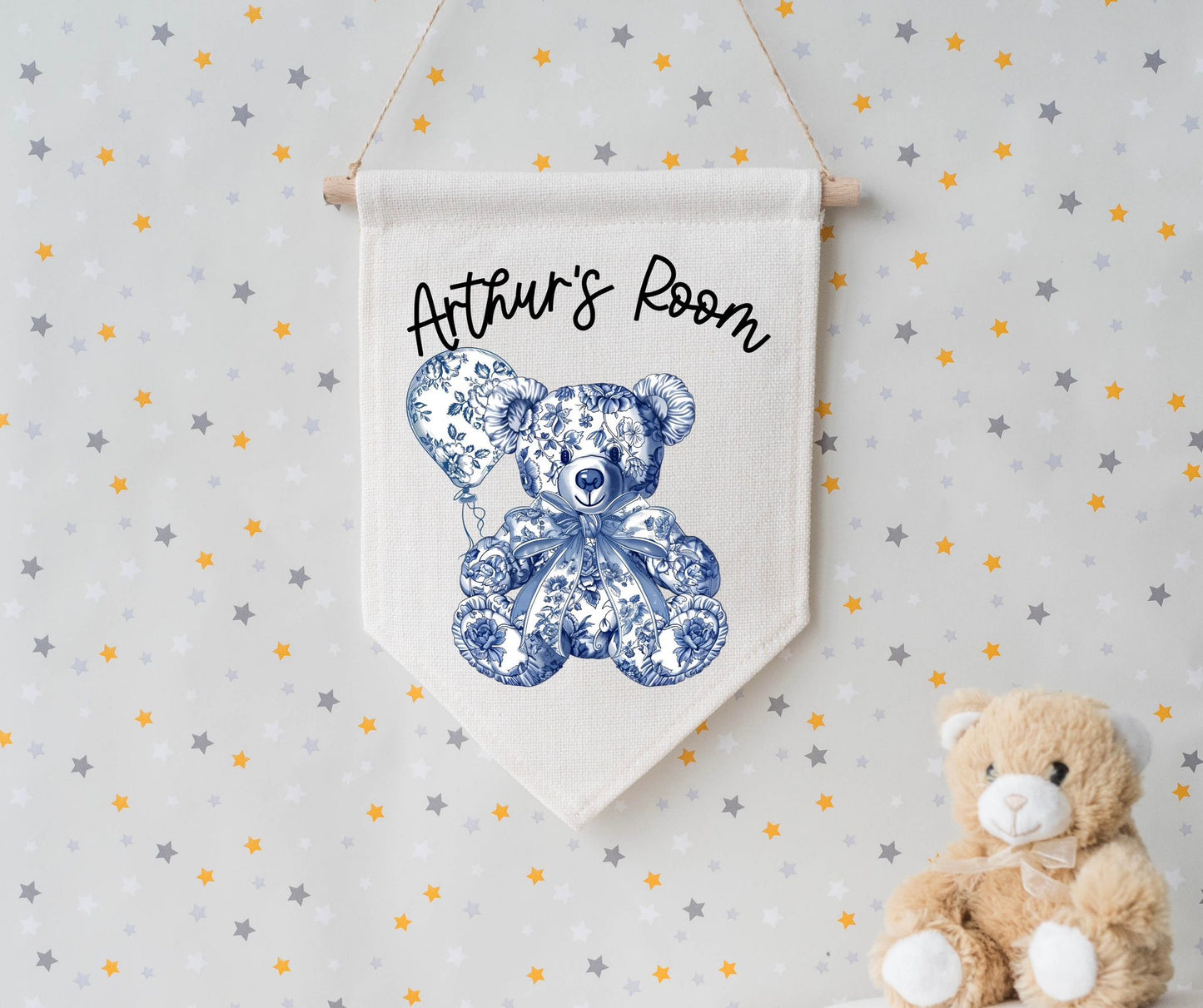 Blue Floral Design Bear Nursery Pennant
