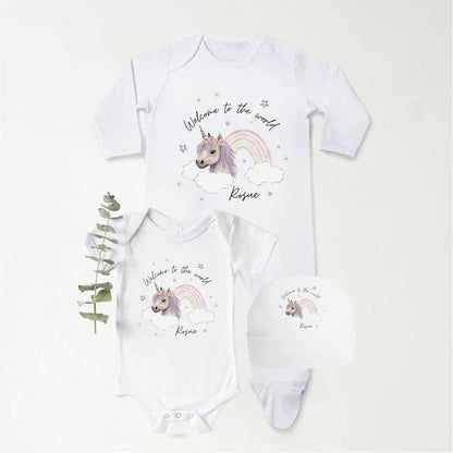 ‘Welcome To The World' Personalised Rainbow Unicorn Set