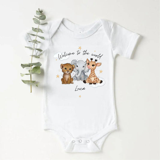 ‘Welcome To The World' Trio Of Safari Animals Baby Vest