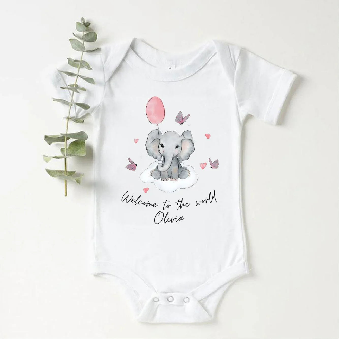 ‘Welcome To The World' Elephant & Pink Balloon Baby Vest