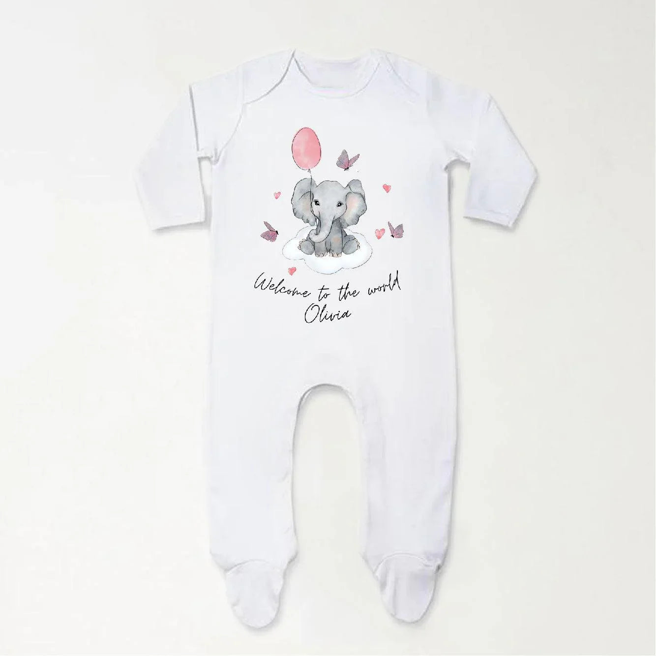 ‘Welcome To The World' Elephant & Pink Balloon Sleepsuit