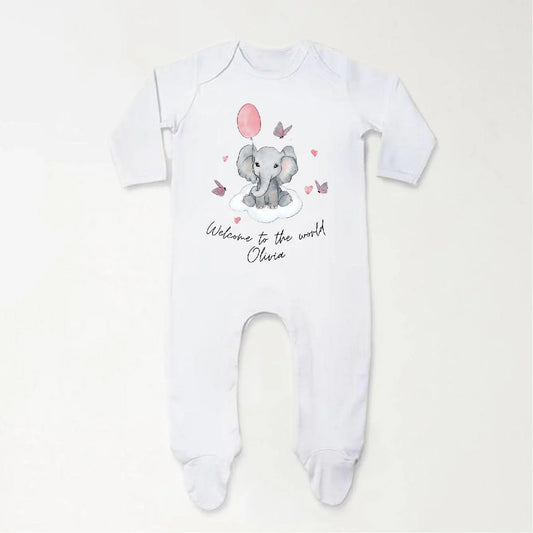 ‘Welcome To The World' Elephant & Pink Balloon Sleepsuit