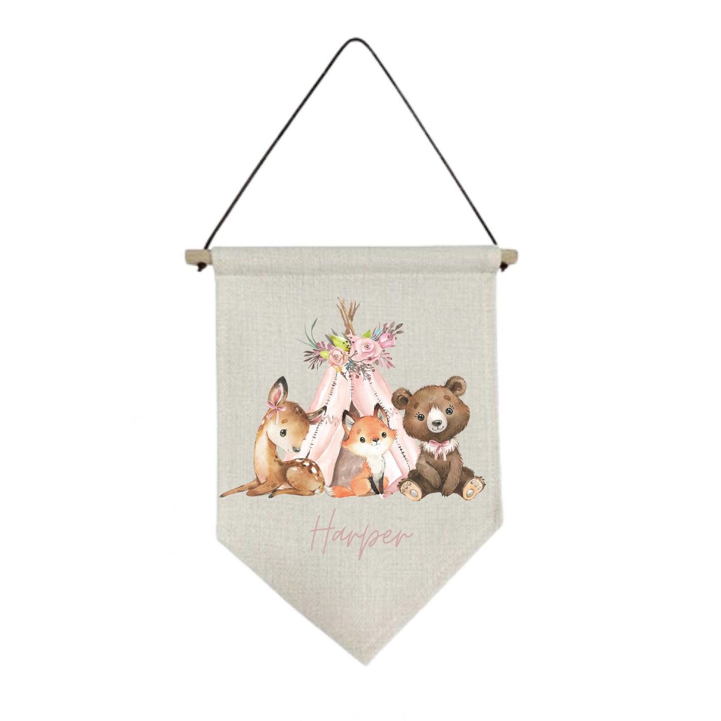 Pink Teepee & Woodland Animal Personalised Baby Wall Hanging Nursery Pennant