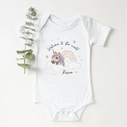 ‘Welcome To The World' Personalised Rainbow Unicorn Baby Vest