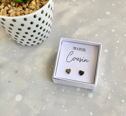 For a Special Cousin heart stud earrings in giftbox