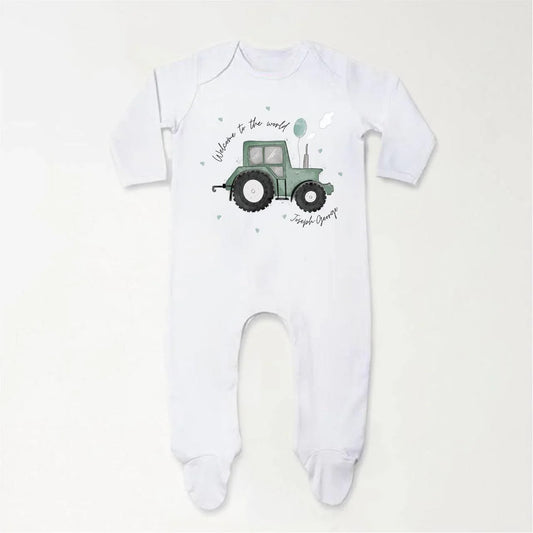 ‘Welcome To The World' Personalised Green Tractor Baby Sleepsuit