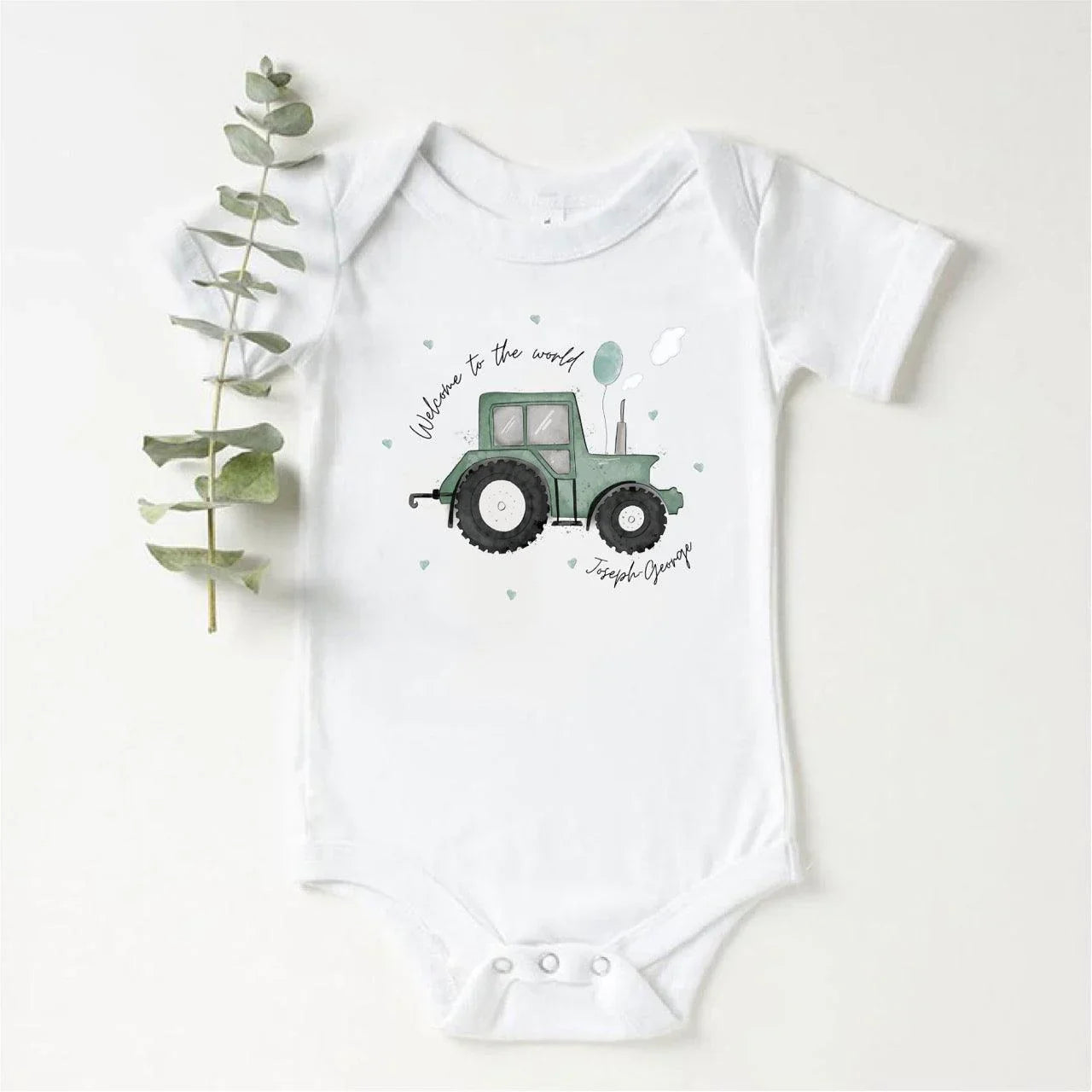 ‘Welcome To The World' Personalised Green Tractor Baby Vest