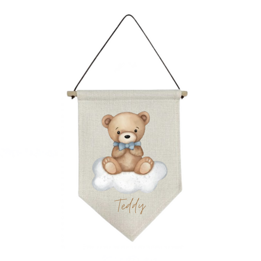 Teddy On A White Cloud Personalised Baby Wall Hanging Nursery Pennant