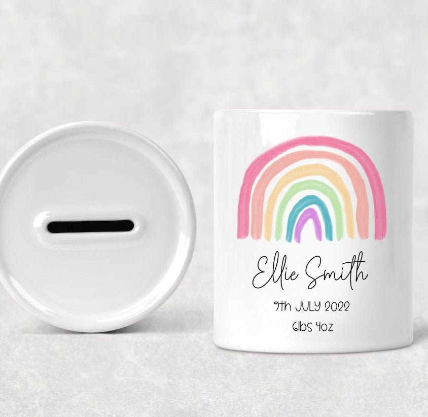 Personalised Rainbow Money Box, Personalised Ceramic Money box